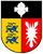 Ein Wappen zeigt zwei blaue Löwen auf gelbem Grund und ein weißes Nesselblatt auf rotem Grund, getrennt durch eine Linie.