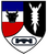 Ein Wappen zeigt einen Stierkopf, ein gezacktes Emblem und ein stilisiertes Brückensymbol auf farbigen Feldern.