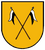 Ein gelbes Wappen zeigt zwei gekreuzte Lanzen mit schwarzen und weißen Fahnen.