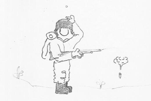 Ein verwirrter Soldat steht auf einem Schießplatz, kratzt sich am Kopf, während ein Geschoss im Boden einschlägt.