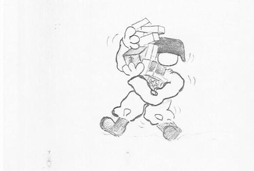Eine Comicfigur mit einer großen Tasche und einem Hut kehrt schwankend vom Sanitäter zurück.