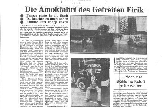 Ein Zeitungsartikel von 1979 berichtet über die Amokfahrt eines Marder-Panzers durch eine Stadtstraße.