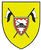 Ein gelbes Wappen zeigt zwei gekreuzte Fahnen und ein zentrales Emblem mit einem schwarzen Helm auf rotem Hintergrund.