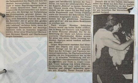 Eine Zeitungsseite über das Frühlingsfest im Depot Ladelund zeigt einen Artikel und ein Tanzfoto aus den Jahren 1972-1987.