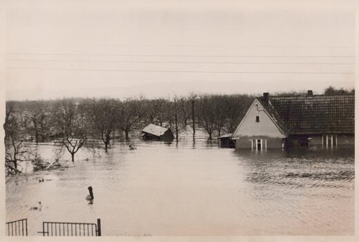 Ein überflutetes Haus steht halb unter Wasser, während Bäume und ein Schuppen im Hintergrund ebenfalls vom Hochwasser betroffen sind.