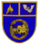 Ein blaues Wappen zeigt oben zwei Tiere und unten ein goldenes Rad, das ein Fahrzeug umgibt.