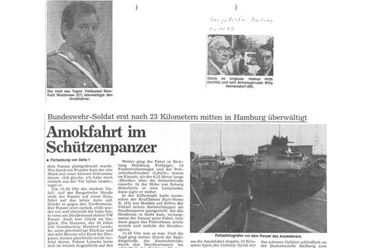 Ein Presseartikel von 1979 beschreibt eine Amokfahrt mit einem Marder-Schützenpanzer in Hamburg.