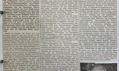 Zeitungsartikel über das Gerätedepot Ladelund als Arbeitgeber im Kreisgebiet, mit einem Foto eines Mannes im Anzug.