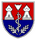 Ein Wappen zeigt zwei weiße Türme, einen Schlangenkaducäus und Lorbeerzweige auf einem rot-blauen Hintergrund.