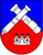 Ein Wappen zeigt gekreuzte Kanonenrohre über einer stilisierten Burg auf blau-rotem Hintergrund.