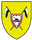 Ein gelbes Wappen zeigt zwei gekreuzte Fahnen und ein zentrales Emblem mit einem schwarzen Helm auf rotem Hintergrund.