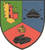 Ein Wappen zeigt eine Festung, einen Panzer und einen Leopardenkopf in bunten Feldern.
