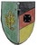 Ein Wappen zeigt ein Schwert, Eichenblätter und die deutsche Flagge mit einem schwarzen Kreuz.