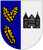 Ein Wappen zeigt zwei goldene Eichenblätter auf blauem Grund und eine schwarze Burg auf weißem Grund, symbolisch für ein Grenadierbataillon.