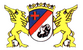 Zwei goldene Greife halten ein Wappen mit einem Skorpion und Kreuz, gekrönt von einer goldenen Krone.