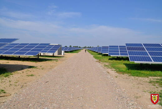 Eine Reihe von Solarzellenfeldern erstreckt sich entlang eines Schotterwegs unter klarem Himmel.
