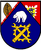 Ein Wappen zeigt einen weißen Bären, ein Zahnrad mit Schraubenschlüssel und ein Blatt auf blauem und rotem Hintergrund.