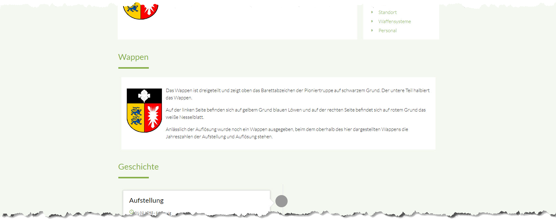 Ein dreigeteiltes Wappen mit Löwen und einem weißen Blatt wird neben einem erklärenden Text auf einer Webseite gezeigt.