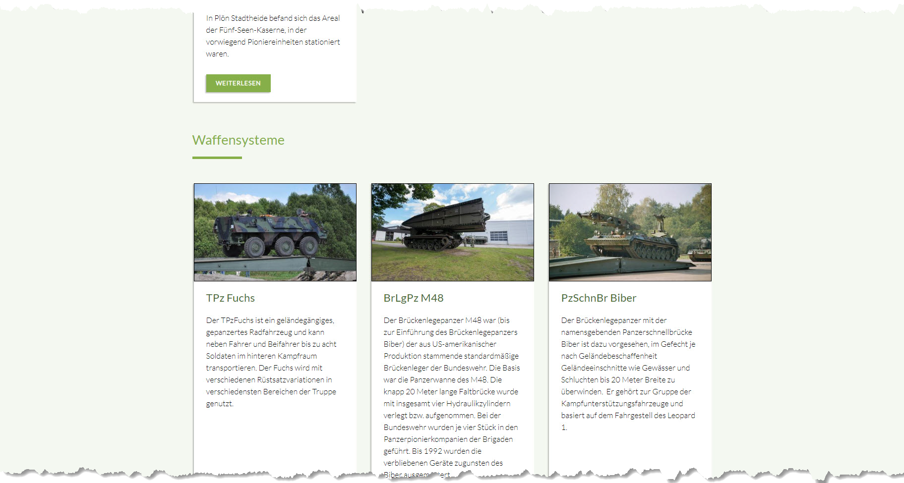 Drei militärische Waffensysteme, darunter TPz Fuchs, BrLgPz M48 und PzSchnBr Biber, werden mit Bild und Beschreibung vorgestellt.