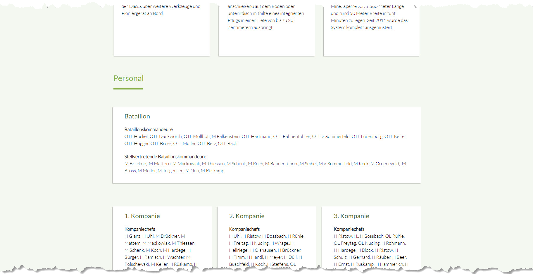 Eine Tabelle listet das Personal von Bataillon und Kompanien mit Namen und Positionen unter der Überschrift "Personal" auf.