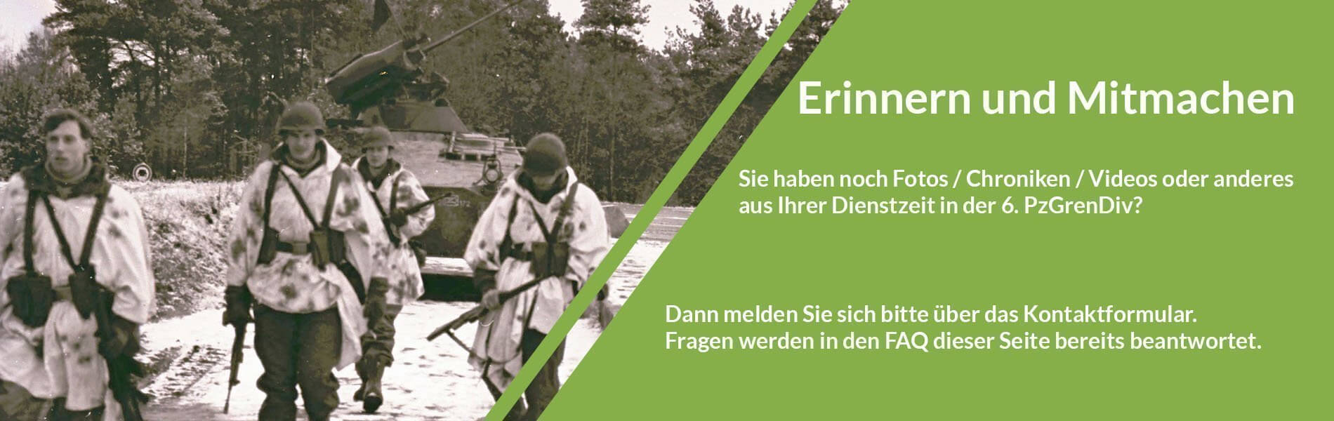 Soldaten in Winterkleidung marschieren neben einem Panzer, begleitet von einem Aufruf zur Teilnahme an Erinnerungsprojekten.