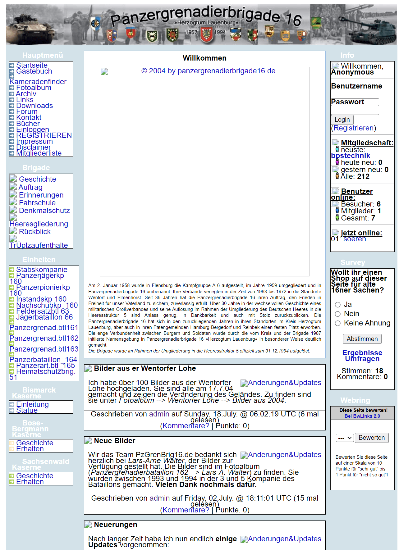 Webseite über die PzGrenBrig 16 im Jahre 2004