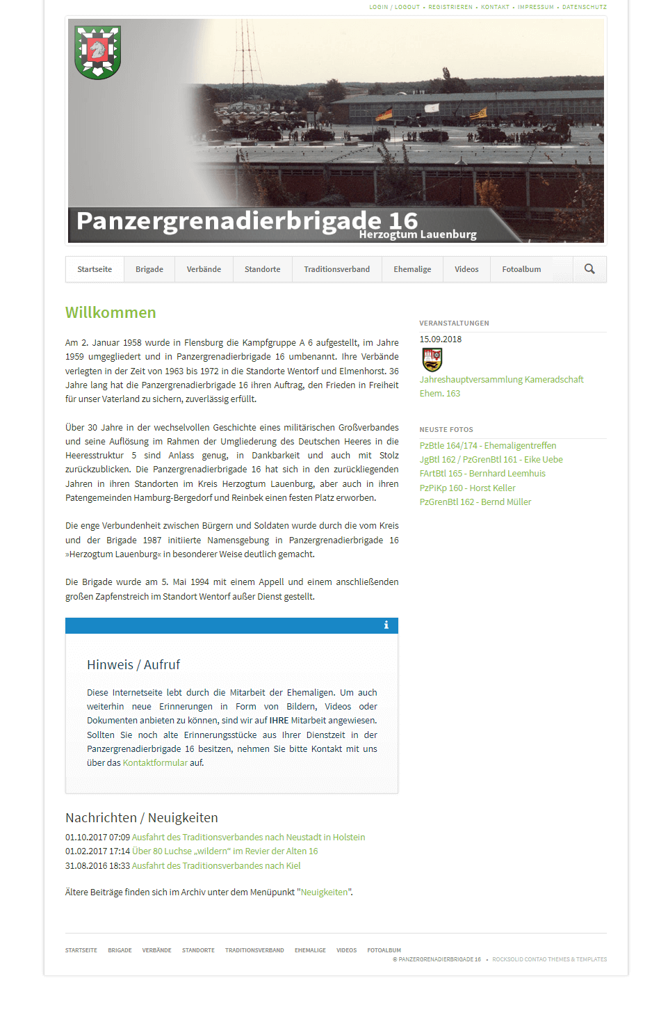 Webseite über die PzGrenBrig 16 im Jahre 2018